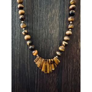 Vintage Tigers Eye Chunky Bead Necklace Gold Tone Clasp 23in Retro Jewelry boho